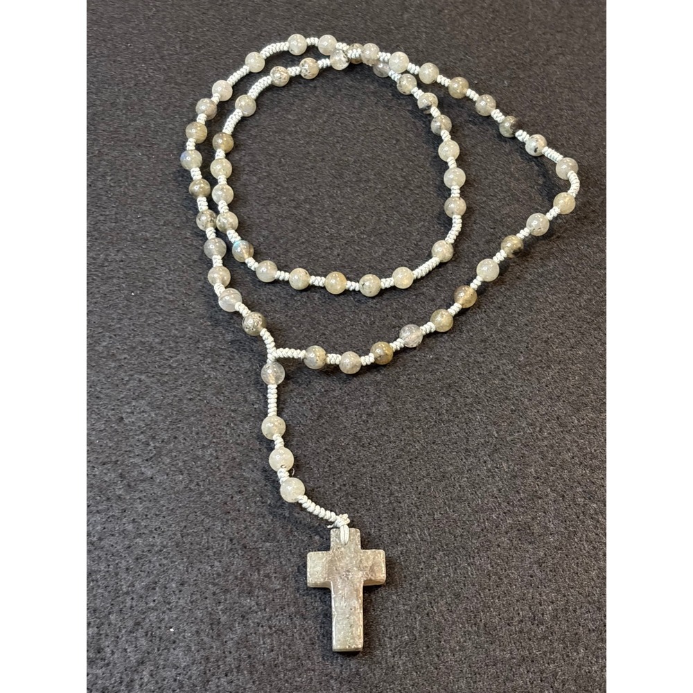 Natural Labradorite Hand Knotted Rosary Necklace with Stone Cross Pendant
